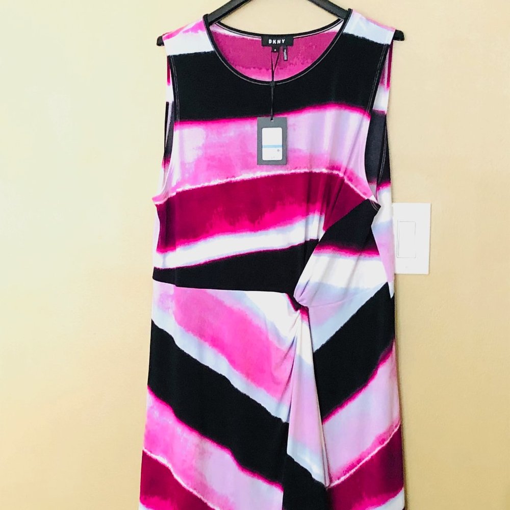 NWT DKNY Striped A-Line Dress Crew Neck Sleeveless Women Purple White size XL - Picture 10 of 12